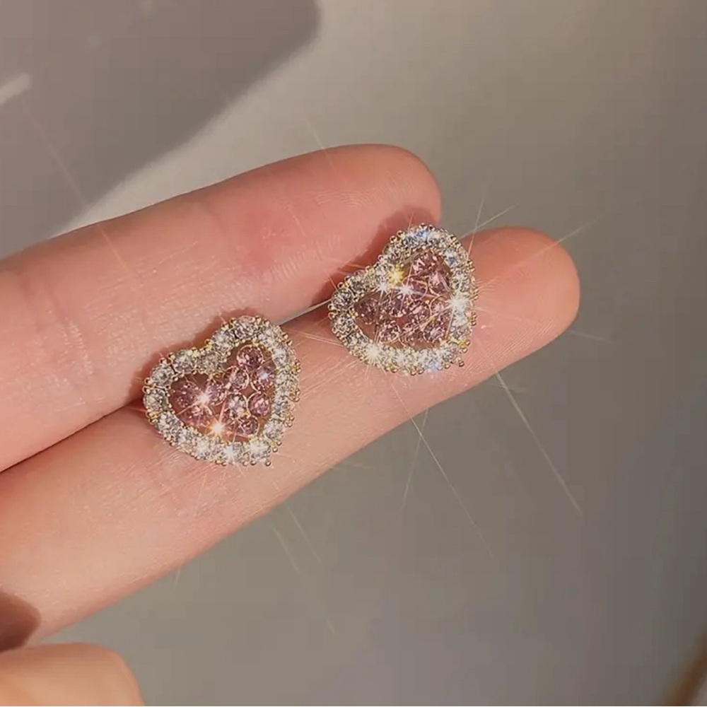 Pink & White Rhinestone Heart Earrings +Free Gift
